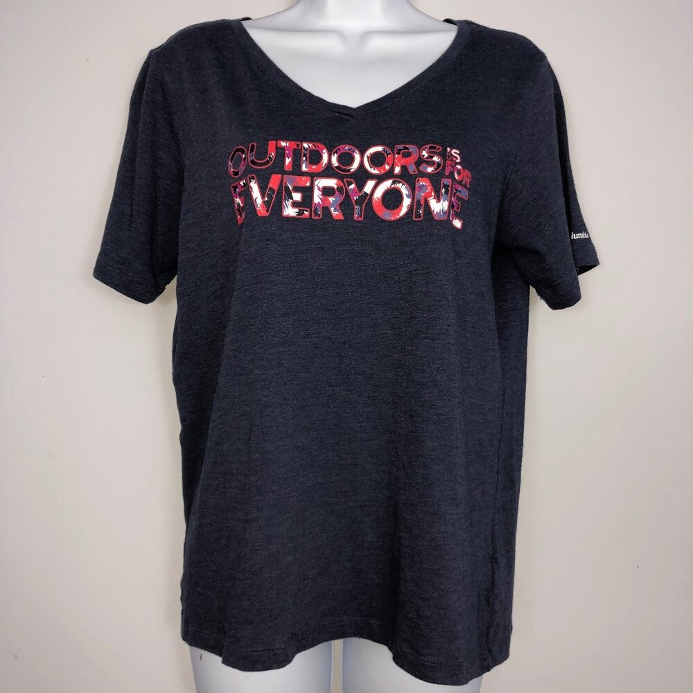 Columbia Tshirt Womens M Navy Outdoors is for Everyone Vneck Short Sleeve Hiking